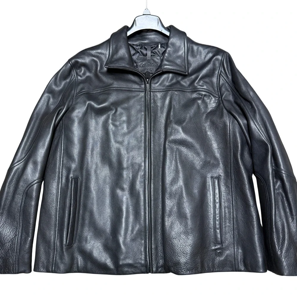 Calvin Klein Black Leather Jacket Men's XXL Soft Quilt Lined Classic